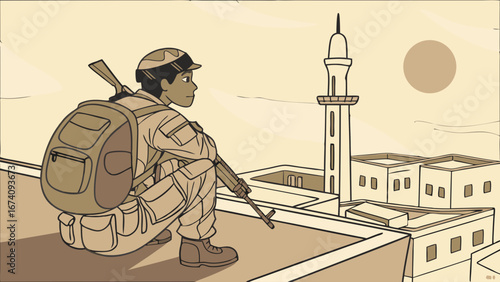 A soldier on watch in a desert town.