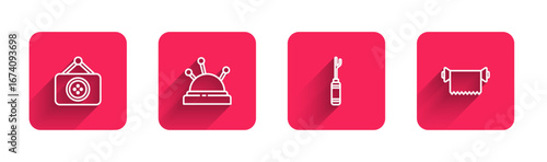 Set line Tailor shop, Needle bed and needles, Awl tool and Textile fabric roll with long shadow. Red square button. Vector