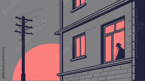 Illustration of a person silhouetted in a window sunset background.