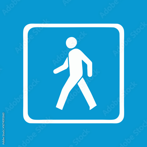 Pedestrian walk icon in flat design. White walking person symbol inside a circle on blue square background, representing footpath, walkway, crosswalk, and pedestrian safety.