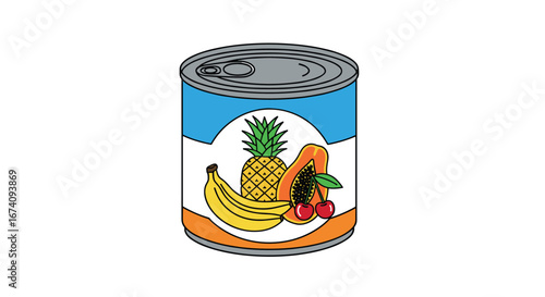 Canned tropical fruit salad mixture of pineapple banana papaya cherries and oranges deliciously preserved for easy enjoyment and healthy snacking options
