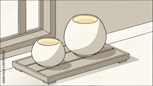 Two white ceramic pots on a wooden tray near a window.