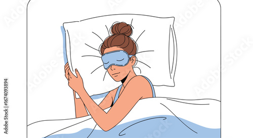 Woman wearing sleep mask holding phone while lying in bed in morning light