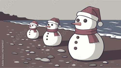 Three Snowmen on a Winter Beach.