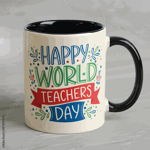 Vector art of a ceramic mug with the text happy world teachers day printed on it in colorful lettering, celebrating educators
