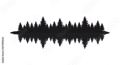 a black silhouette of pine trees on an island reflected in water