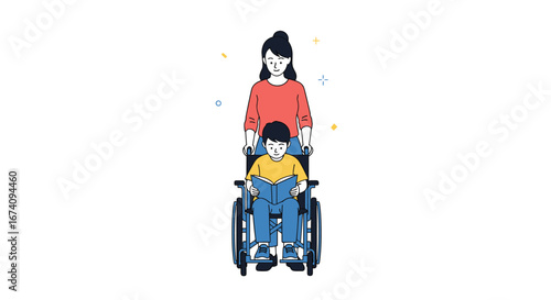 A caring mother is pushing her son who is sitting in a wheelchair with happiness