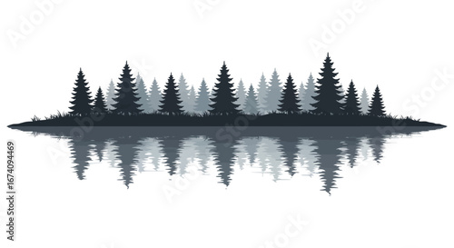 serene landscape of forest island with trees reflected in calm water