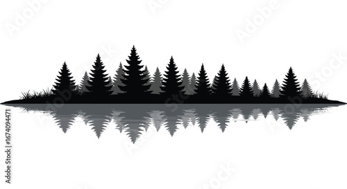 a black silhouette of pine trees on an island reflected in water