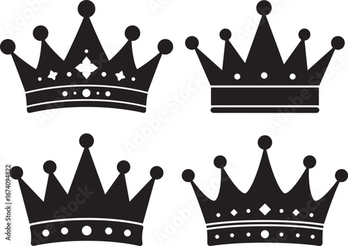 Four ornate black royal crowns in a silhouette style isolated on white background