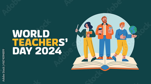 Vector art of world teachers day 2024 celebrated with diverse educators standing on an open book, symbolizing knowledge and learning