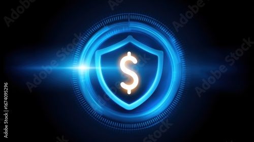 Digital shield with dollar symbol glowing in blue light