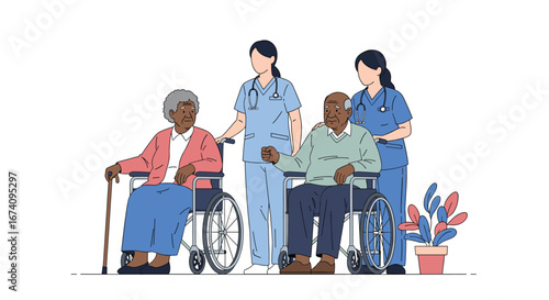 Caring healthcare professionals assisting elderly patients in wheelchairs with compassion and support