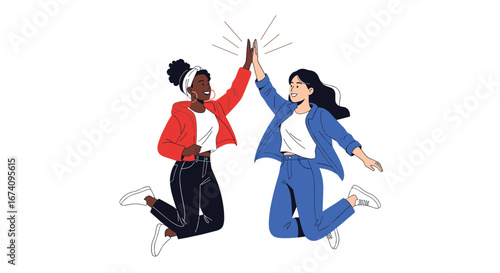 Two diverse women celebrating success with a high five and joyful jumps