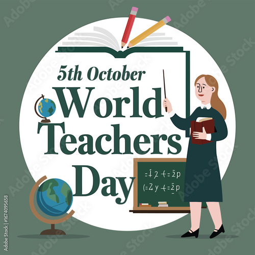 Vector art of world teachers day celebration with a teacher holding a book and pointer, standing near a blackboard and globes, honoring educators on october 5th