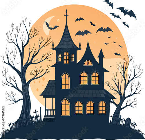 A spooky haunted house with bats flying in the night sky