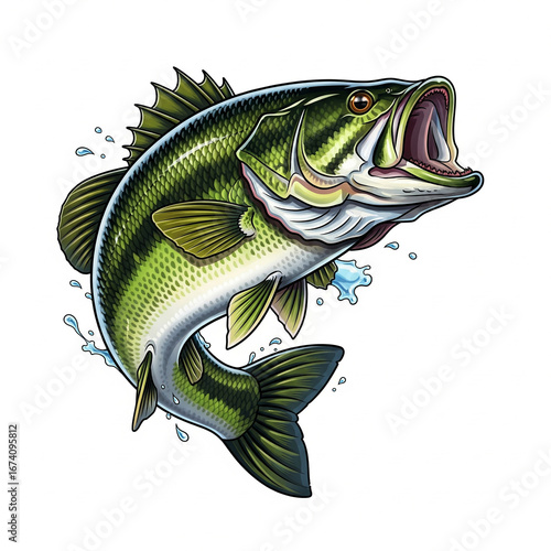 Aggressive largemouth bass leaping from  Amazon river water