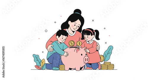 Family saving together for a bright future by teaching children financial literacy and money management skills