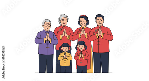 A happy family celebrating lunar new year together with traditional greetings and festive attire