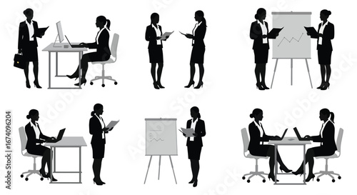 Business people working and presenting in office settings together