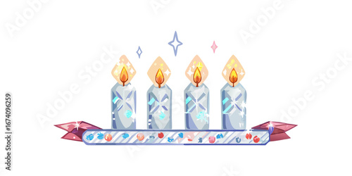 Blue Advent candles on decorated tray with red ribbon