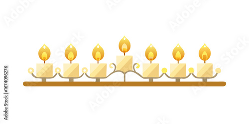 Yellow Christmas candles in row on brown tray