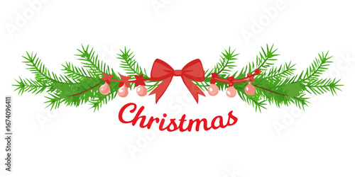 Green pine garland with red bow and holly berries