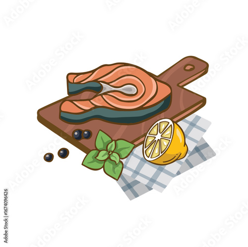 Salmon fish dish with basil and lemon color cartoon