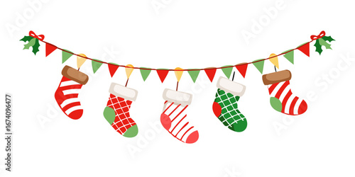 Christmas socks hanging on garland with candy canes