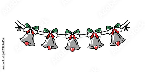 Christmas garland with silver bells and green bows