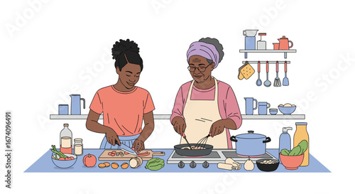 A mother and daughter enjoying a wholesome cooking session together in their cozy kitchen creating delicious food