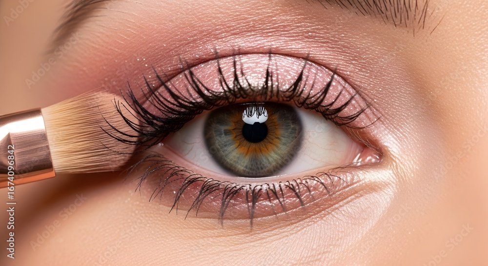 Obraz premium Closeup of a womans eye being professionally made up with a brush applying eyeshadow, highlighting the beauty and detail of the skin