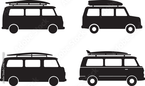 Four black silhouette camper vans with surfboards on roof racks isolated on white background