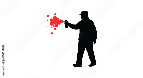 Man spraying red paint from can silhouette against white background
