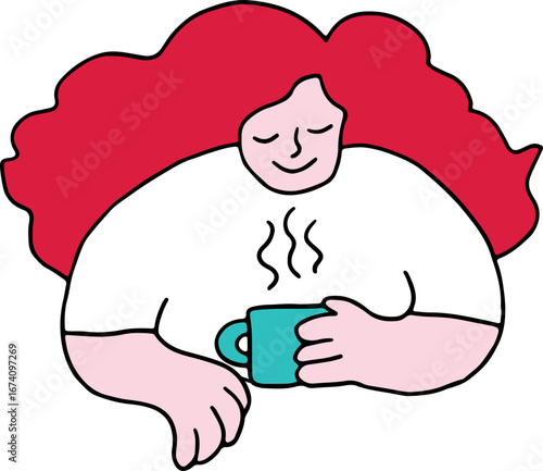 Woman with lush red hair enjoys hot drink with coffee or tea, colorful drawing, corporate memphis style, curved black lines brush
