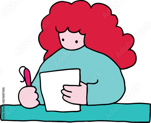 Young red-haired woman with curly and thick hair sitting at the table and holding a piece of paper and a pen in her hands, colorful drawing, corporate memphis style, curved black lines brush