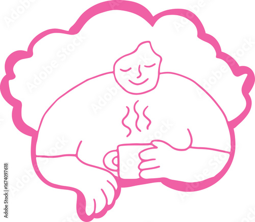 Young woman with wavy voluminous hair happy with a cup of hot coffee, white color on pink background, outline, no contours, corporate memphis style