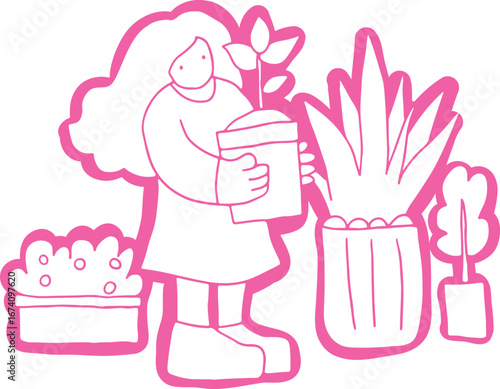 Young woman in dress with voluminous hair stands among plants in flower pots and holds pot with young plant in hands, white color on pink background, outline, no contours, corporate memphis style