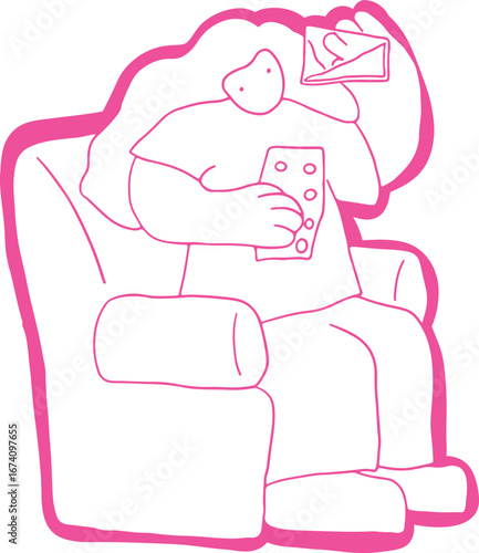 Young woman with long hair sits in a chair and drinks water from a glass to wash down her medication pills, white color on pink background, outline, no contours, corporate memphis style