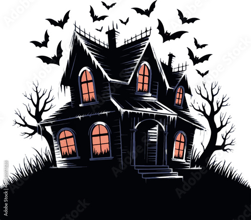 A spooky haunted house with bats flying around and creepy trees under a dark night sky