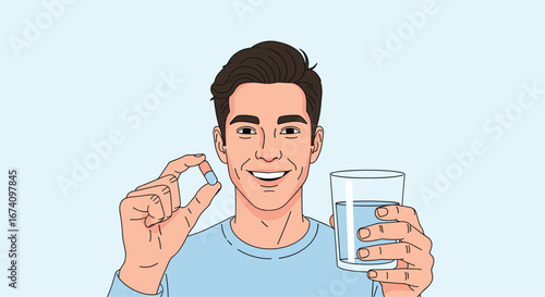 Man holding pill and glass of water ready to take medication for health and wellness