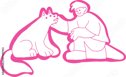 Young man smiling and squatting down petting a dog, white color on pink background, outline, no contours, corporate memphis style