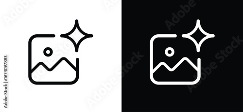 Set of generative AI image icons, landscape tile with sparkle stars, minimalist line vector for image generation, rounded square for app and web UI. Vector illustration.
