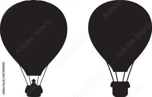 Two black hot air balloon silhouettes with baskets isolated on white background silhouette