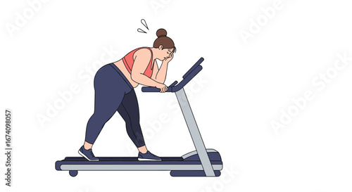 A plus size woman struggling to run on a treadmill with determination and effort pushing herself towards fitness goals