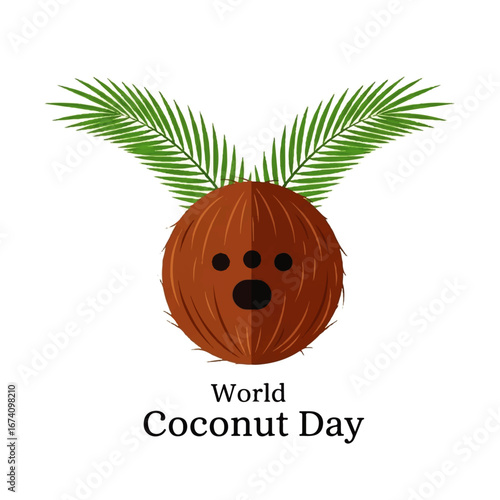 World Coconut Day Celebration with a Cute Coconut Character and Palm Leaves