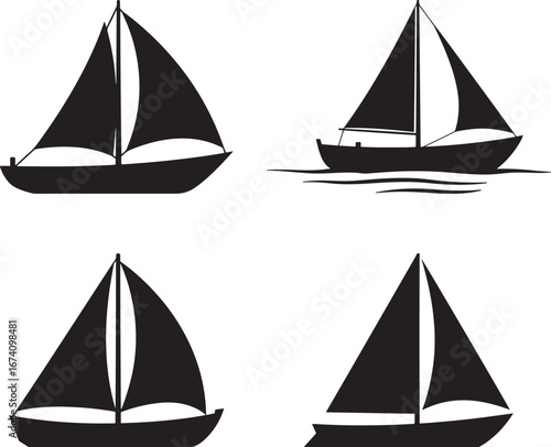 Four black sailboat silhouettes on a white background isolated on white background