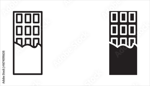 Icon set chocolate, bitten chocolate bar in opened red wrap , dessert, vector illustration in flat style, Chocolate bar on white background. Milk chocolate bar.
