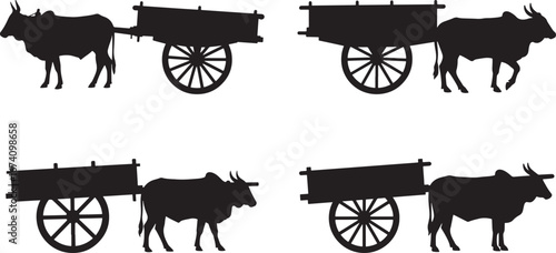 Four silhouettes of oxen pulling carts isolated on white background