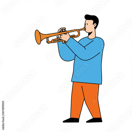 Vector illustration of a man playing the trumpet, a jazz musician performing on a brass wind instrument